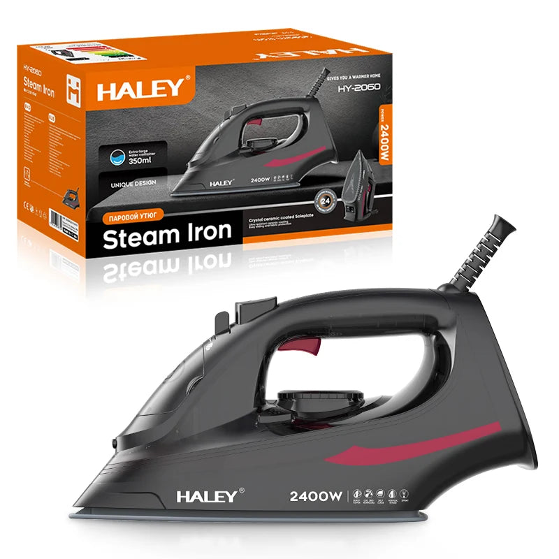 Fier de călcat cu abur HALEY HY-2060, 2400 W, talpă ceramică, rezervor 350 ml, cablu 1,5 m, negru