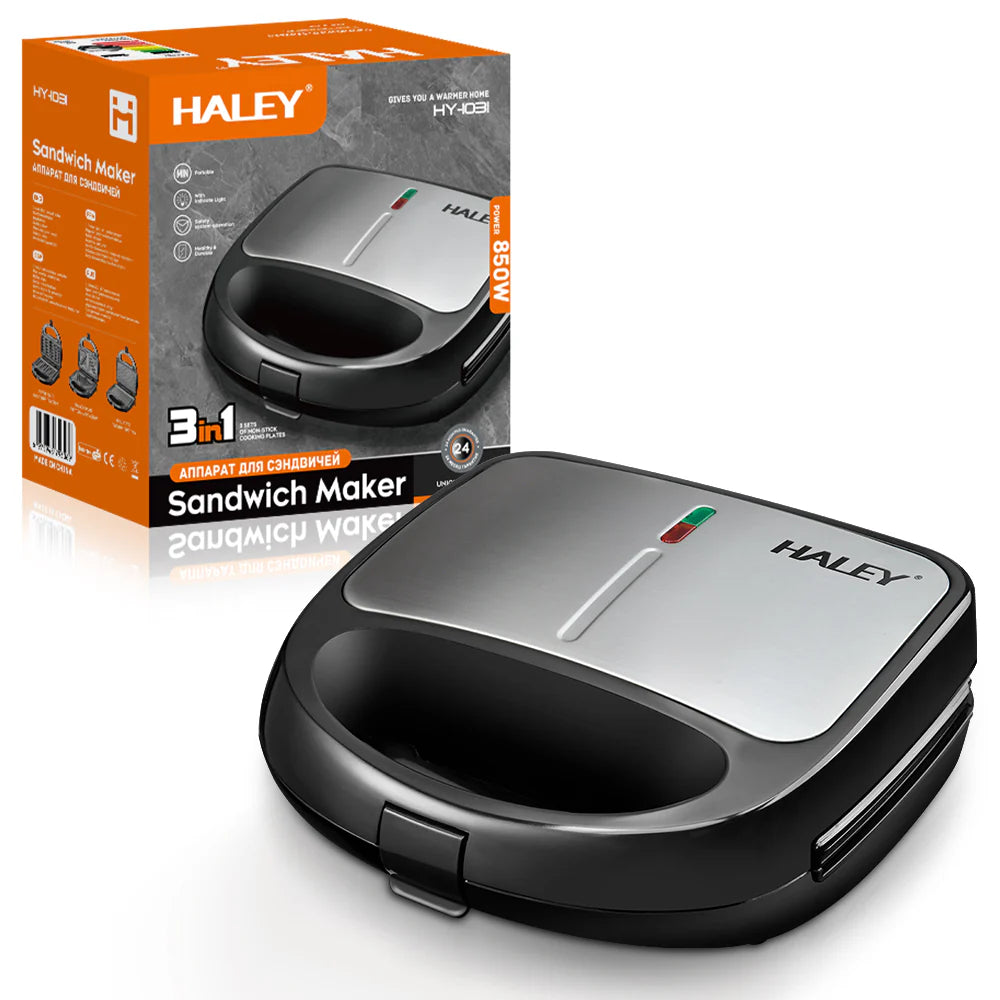 Sandwich Maker 3 în 1 HALEY® HY-1031, Plăci Antiaderente, Grill și Waffle, Design Compact, Negru