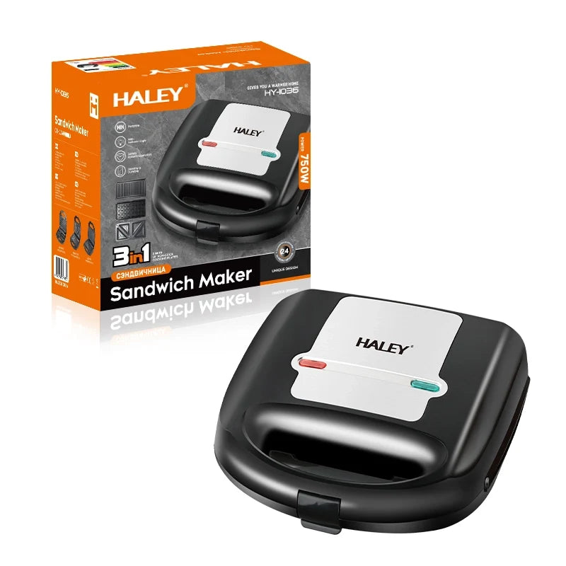 Sandwich maker 3 în 1 HALEY HY-1036, 750 W, 3 seturi plăci interschimbabile, negru