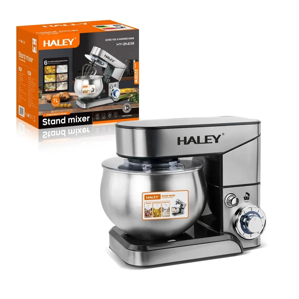 Mixer planetar HALEY HY-2403, 2200 W, bol inox 7 L, 6 viteze și turbo, argintiu