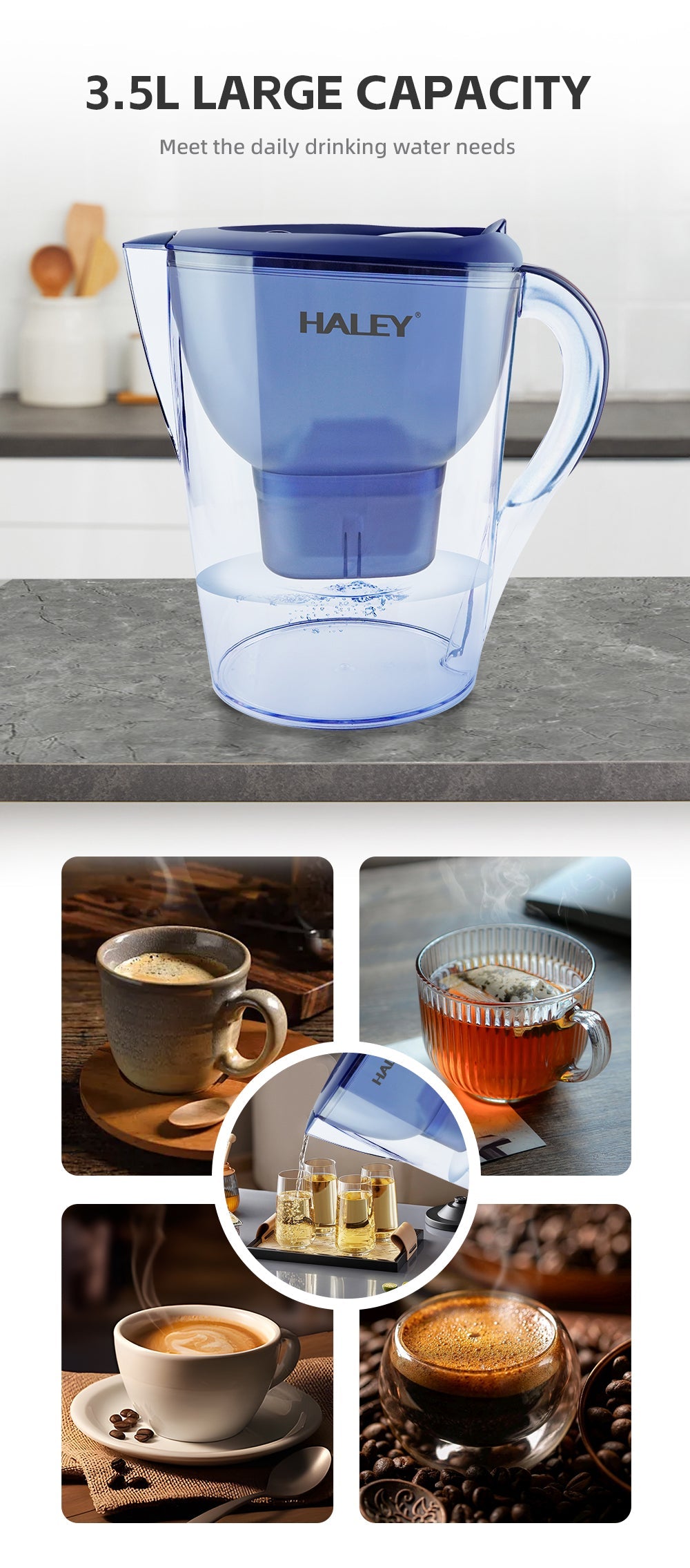 Cană filtrantă pentru apă HALEY, 3,5 L, filtru multistrat, indicator schimb filtru, albastru