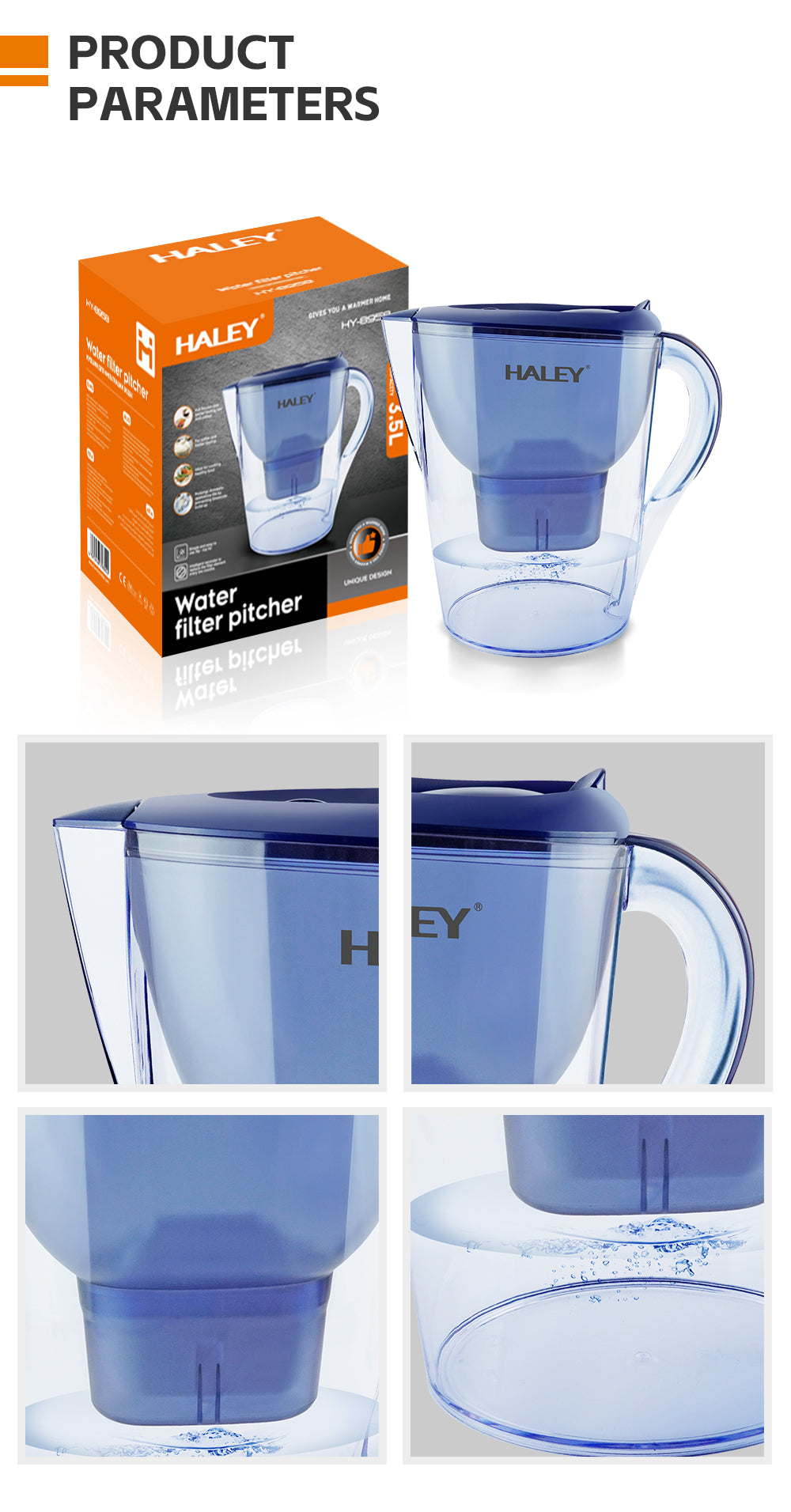 Cană filtrantă pentru apă HALEY, 3,5 L, filtru multistrat, indicator schimb filtru, albastru
