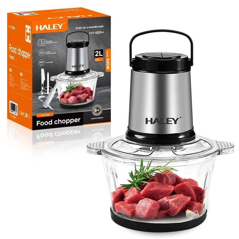 Mașină de tocat carne electrică HALEY HY-1224, vas inox 2 L, carcasă din oțel inoxidabil