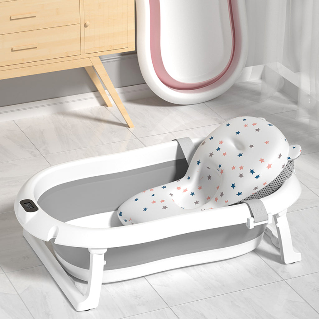 Cadă de baie pliabilă pentru bebeluși KIDOO, 0-3 ani, 70x43x21 cm, termometru și pernă inclusă