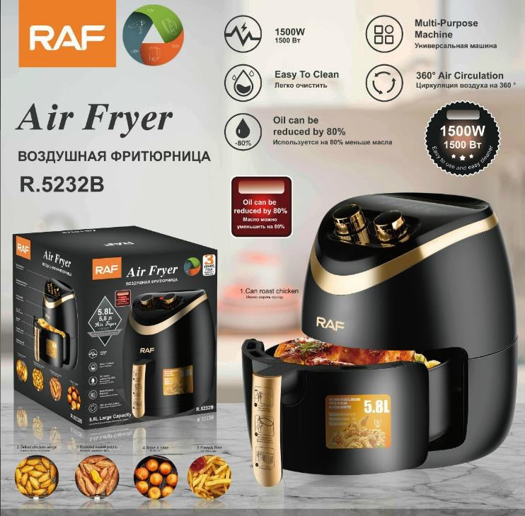 Friteuza electrica profesionala Air Fryer alb, AT PERFORMANCE®, RAF Air Fryer 5.8L 1500W Manual, Multi-Purpose, 360 Air Circulation R.5232 - Gatit sanatos si eficient pentru intreaga familie, negru