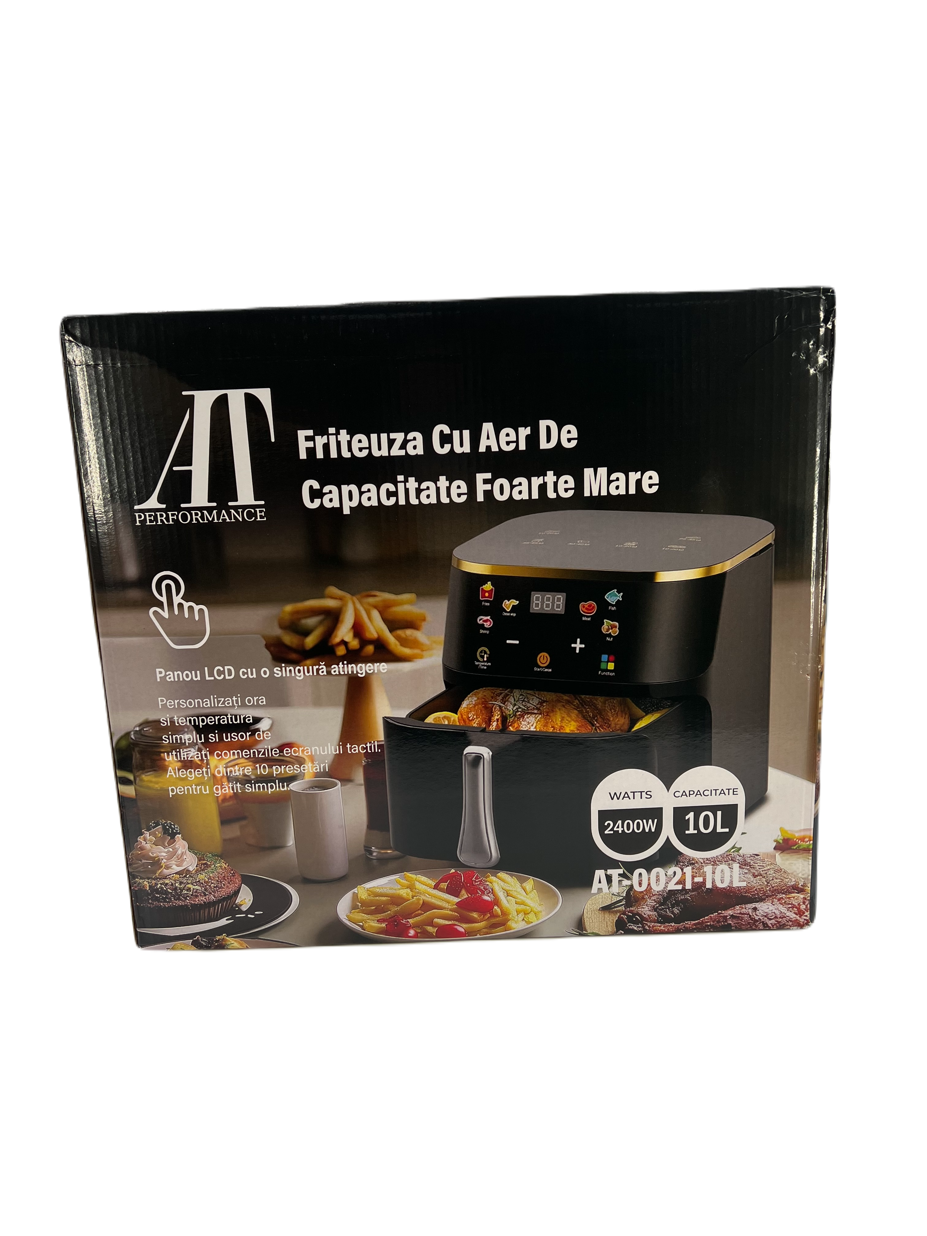 Friteuză cu Aer Cald 10L AT PERFORMANCE® – 2400W, Display Digital Touch, 8 Programe, cu Geam, Neagră + CADOU 50 Hârtii de Copt
