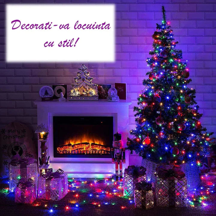 Set Decor Crăciun Premium – Brad Artificial 2.1m cu Zăpadă + Instalație Liniară 50m, 240 LED Multicolor, 8 Jocuri de Lumini