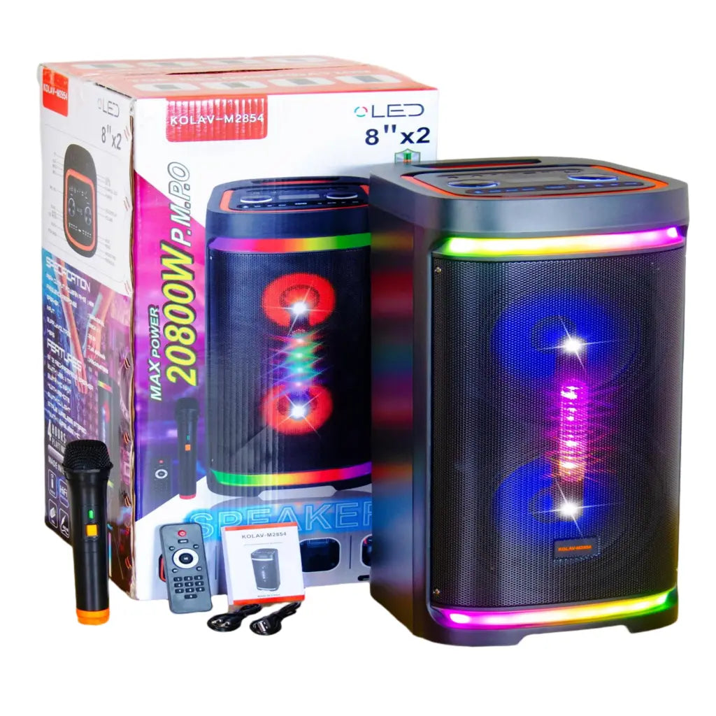Boxă karaoke portabilă AT Performance KOLAV-M2854, 400 W PMPO, 2 x 8 inch, Bluetooth, autonomie 4 ore, RGB LED