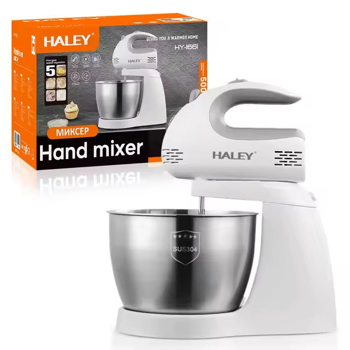 Mixer cu bol HALEY HY-1661, 500 W, bol inox 3 L, 5 trepte de viteză, sistem bowl-lift, alb cu inox