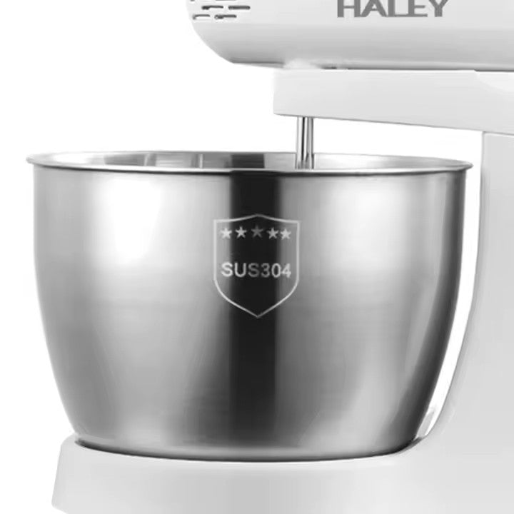 Mixer cu bol HALEY HY-1661, 500 W, bol inox 3 L, 5 trepte de viteză, sistem bowl-lift, alb cu inox