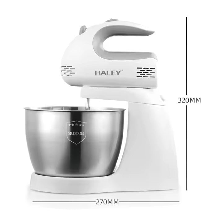Mixer cu bol HALEY HY-1661, 500 W, bol inox 3 L, 5 trepte de viteză, sistem bowl-lift, alb cu inox