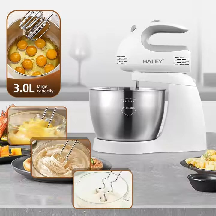 Mixer cu bol HALEY HY-1661, 500 W, bol inox 3 L, 5 trepte de viteză, sistem bowl-lift, alb cu inox