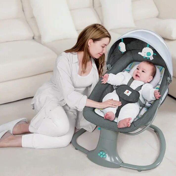 Balansoar copii electric 3 în 1 Mastela, 0-3 ani, până la 15 kg, Bluetooth, alimentare USB, albastru-gri