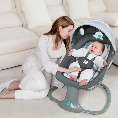 Balansoar copii electric 3 în 1 Mastela, 0-3 ani, până la 15 kg, Bluetooth, alimentare USB, albastru-gri
