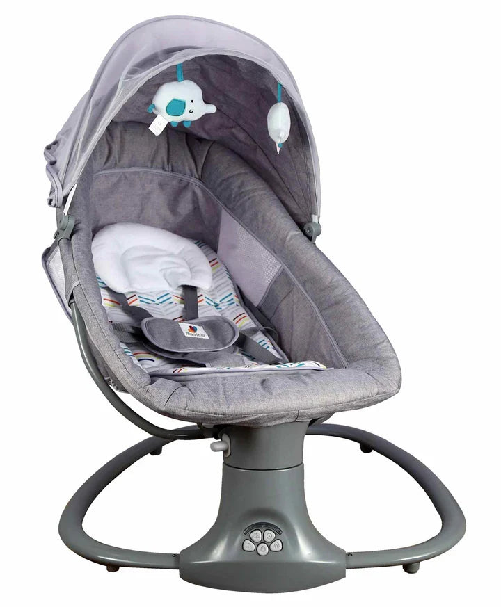 Balansoar copii electric 3 în 1 Mastela, 0-3 ani, până la 15 kg, Bluetooth, alimentare USB, albastru-gri