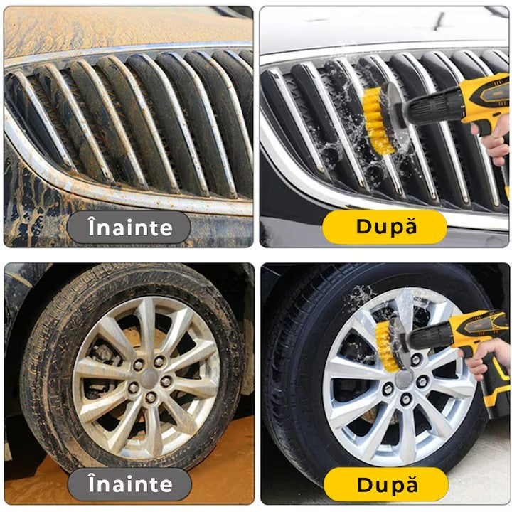 Perie rotativă pentru bormașină AT Performance, set 3 bucăți, plastic, ax inox, adaptor, galben