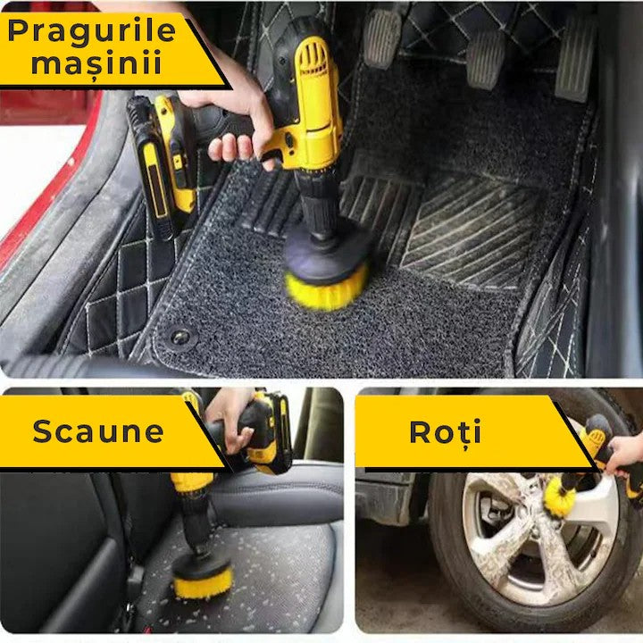 Perie rotativă pentru bormașină AT Performance, set 3 bucăți, plastic, ax inox, adaptor, galben