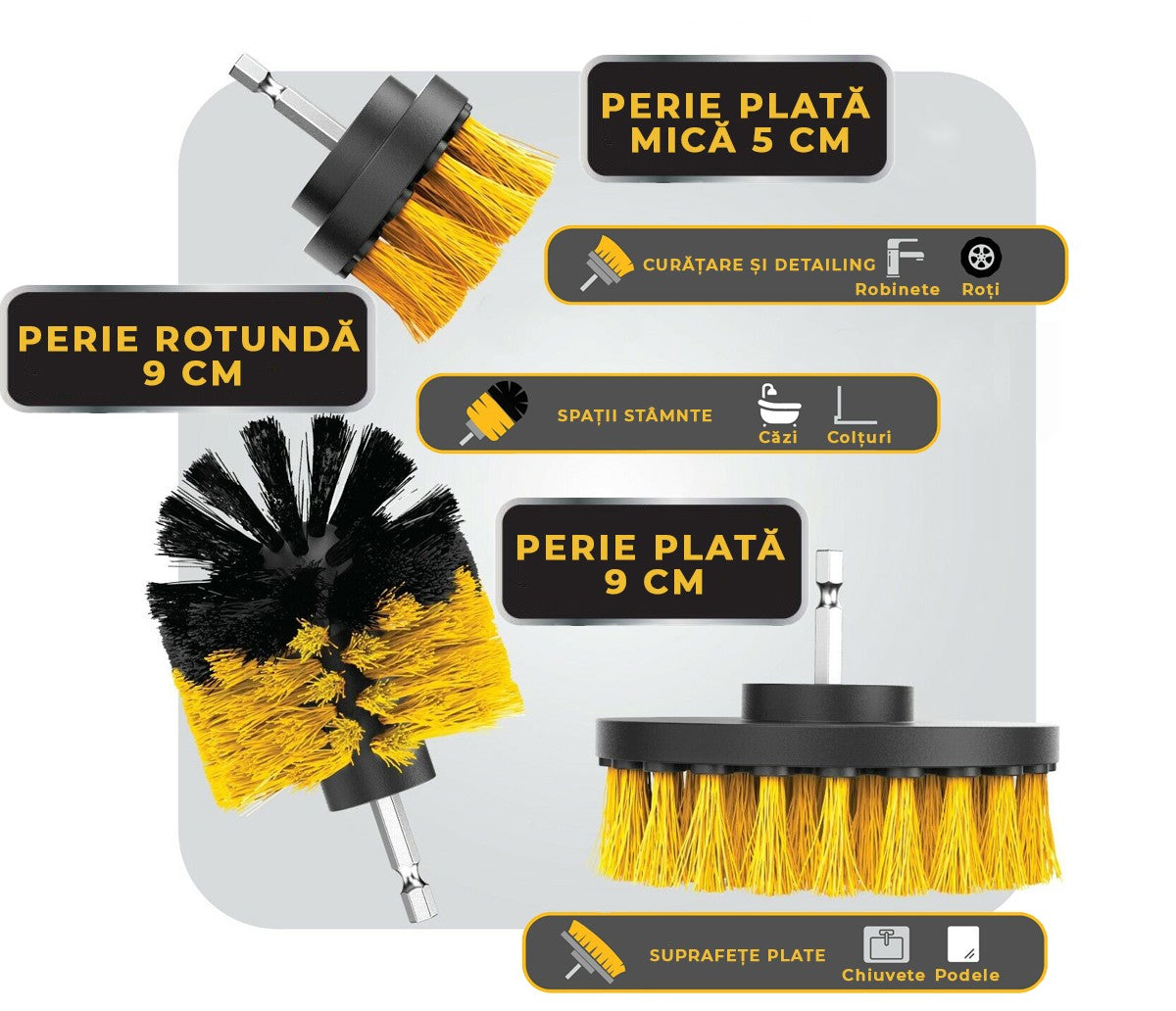 Perie rotativă pentru bormașină AT Performance, set 3 bucăți, plastic, ax inox, adaptor, galben