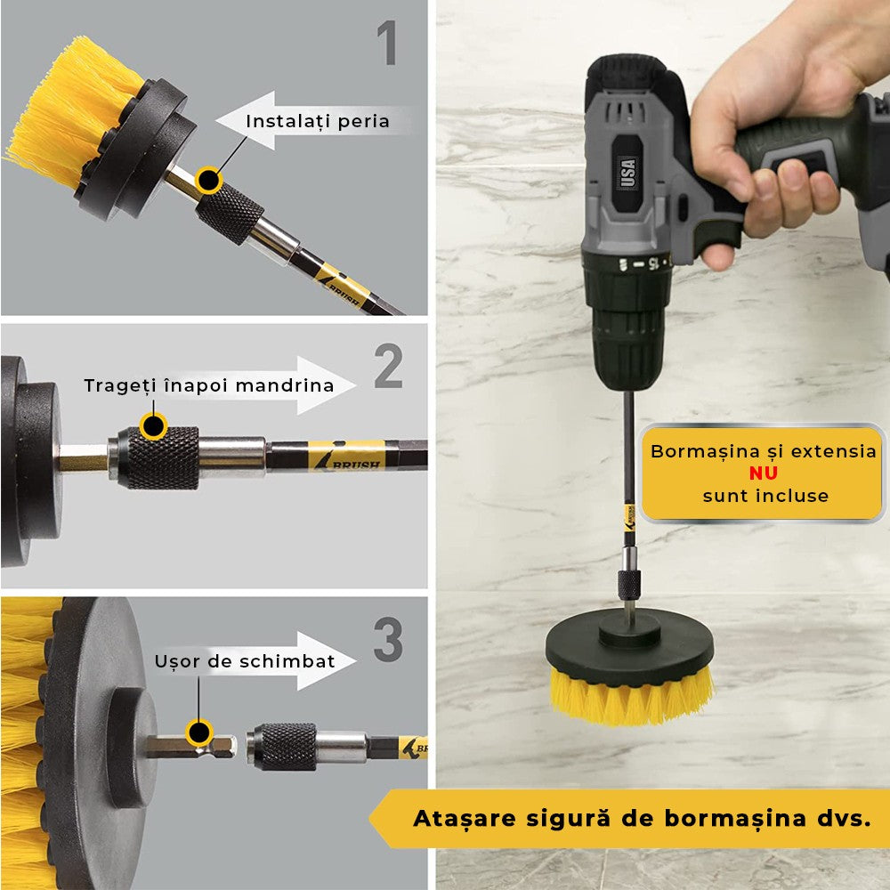 Perie rotativă pentru bormașină AT Performance, set 3 bucăți, plastic, ax inox, adaptor, galben