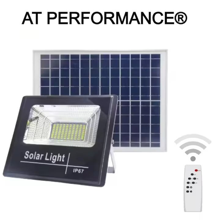 Proiector LED AT PERFORMANCE®, cu incarcare solara de exterior 200 W, Rezistent la Apa, SMD, Senzor de lumina, Timer, cu Telecomanda, 2 moduri de iluminat, kit montaj inclus.