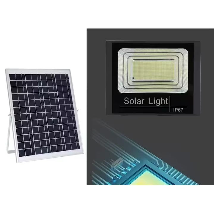 Proiector LED AT PERFORMANCE®, cu incarcare solara de exterior 200 W, Rezistent la Apa, SMD, Senzor de lumina, Timer, cu Telecomanda, 2 moduri de iluminat, kit montaj inclus.