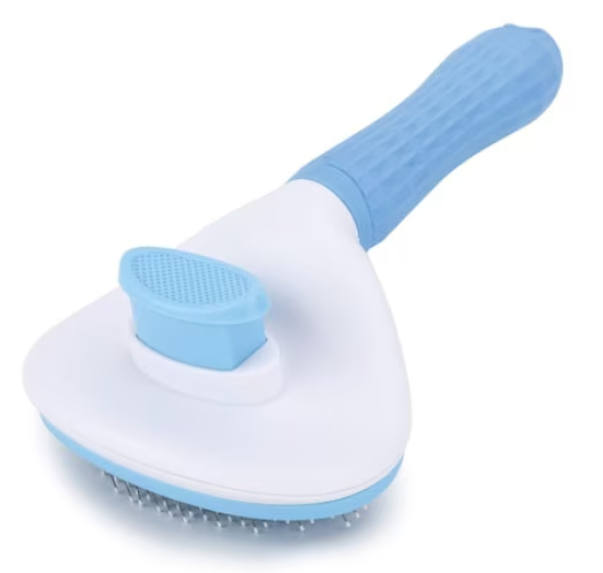 Perie cu buton auto-curatare pentru animale, AT PERFORMANCE, utila in curatarea si ingrijirea parului, 20x10x6 cm, pisici, caini, iepuri, albastra