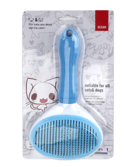 Perie cu buton auto-curatare pentru animale, AT PERFORMANCE, utila in curatarea si ingrijirea parului, 20x10x6 cm, pisici, caini, iepuri, albastra
