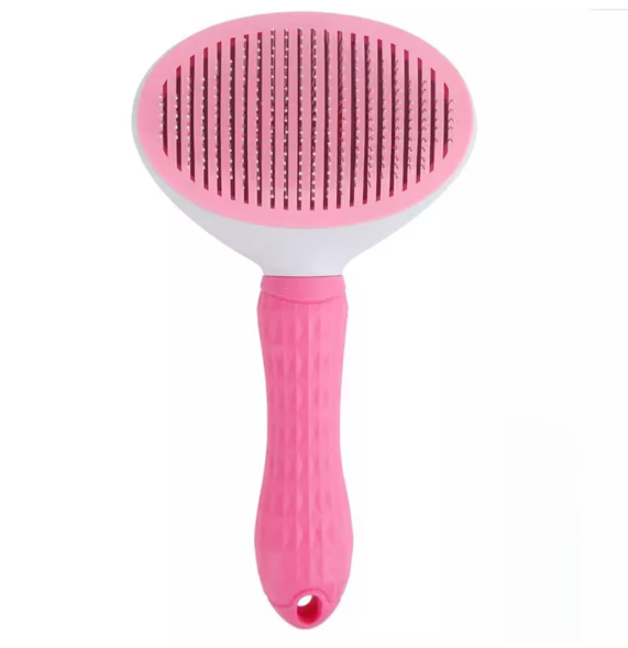 Perie de îngrijire pentru animale Tusy Store, buton de auto-curățare, mâner ergonomic, roz
