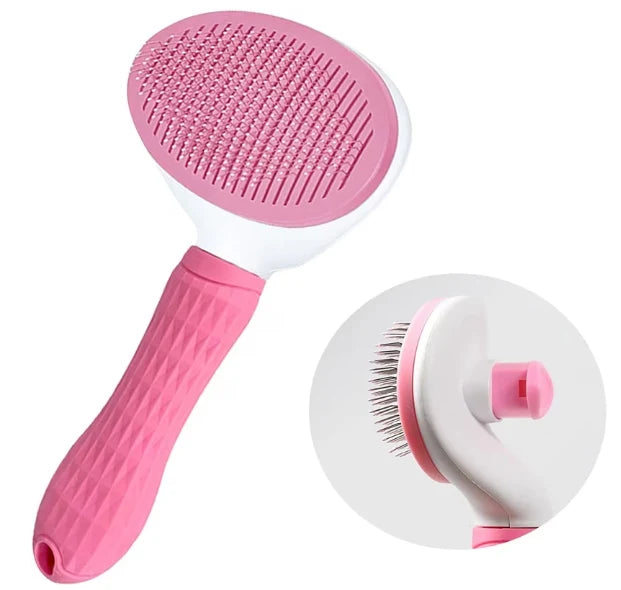 Perie de îngrijire pentru animale Tusy Store, buton de auto-curățare, mâner ergonomic, roz