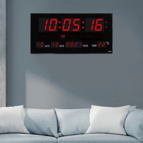 Ceas digital de perete AT Performance, afișaj LED, calendar, termometru, 36,2 cm, roșu
