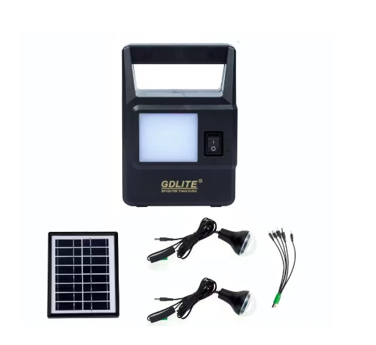Kit panou solar GDLITE GD-8030, 7 W, lanternă 14 LED, 2 becuri, autonomie 5 h, negru