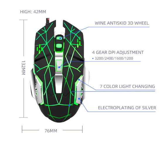 Mouse gaming Weibo, 7 butoane, 3200 DPI reglabil, iluminare RGB 7 culori, USB, verde