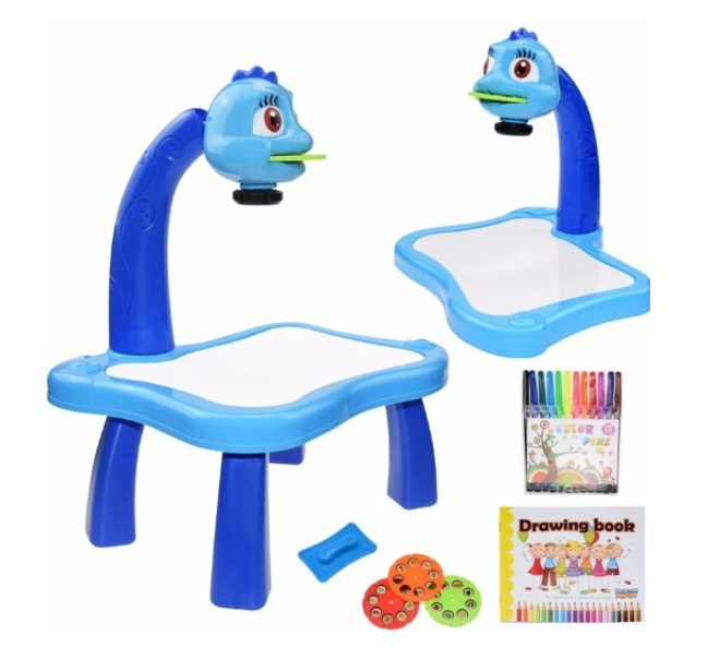 Masa de Desenat Educationala At Performance, Pentru Copii, cu Proiector si Muzica, Set 12 Culori, 24 imagini, Albastra