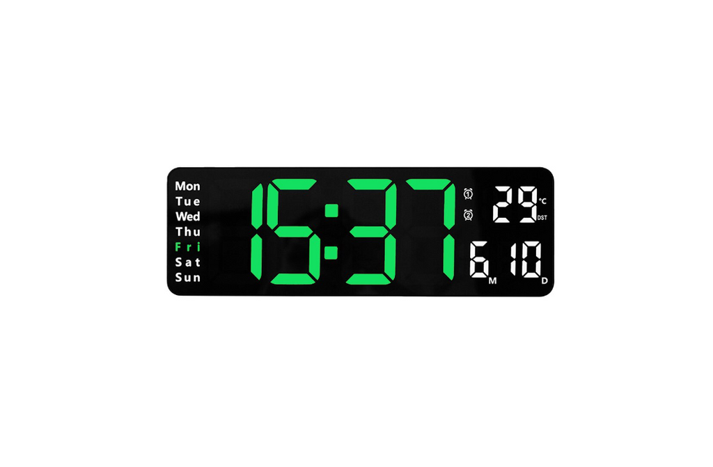 Ceas digital de perete AT Performance, afișaj LED verde, dată, temperatură, format 12/24h, carcasă neagră