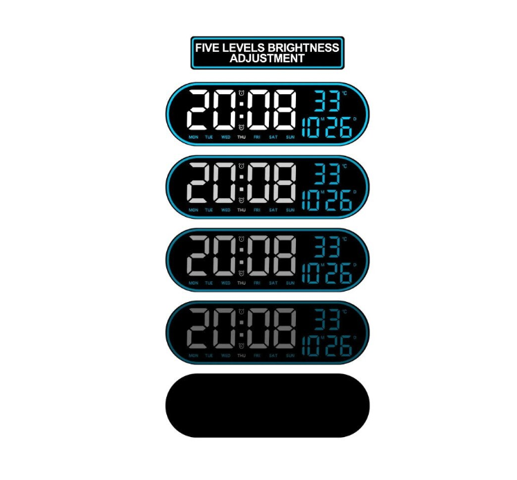 Ceas de perete digital LED AT Performance, telecomandă, 5 niveluri luminozitate, alimentare USB, albastru