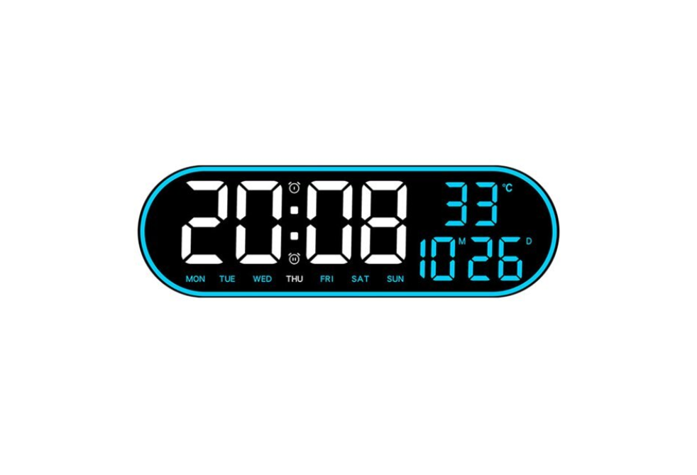 Ceas de perete digital LED AT Performance, telecomandă, 5 niveluri luminozitate, alimentare USB, albastru