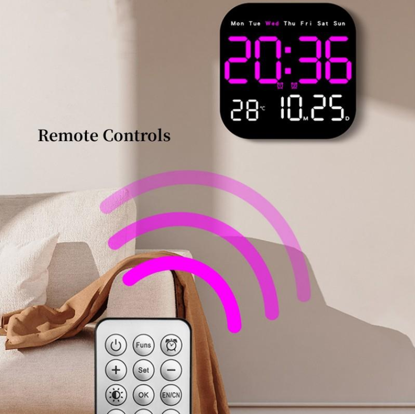Ceas digital de perete AT Performance, telecomandă, 2 alarme, cronometru, 18,5 cm, mov