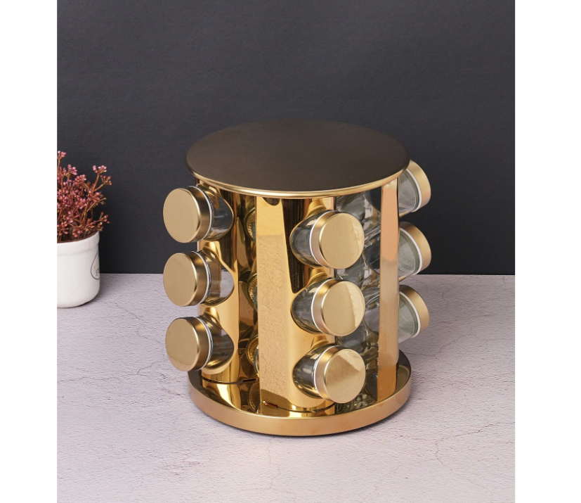 Set 12 recipiente, At Performance, pentru condimente, cu suport inox rotativ, auriu