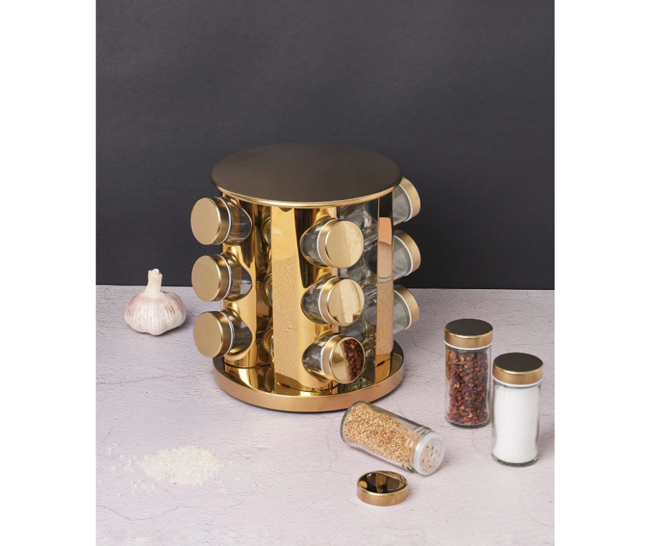 Set 12 recipiente pentru condimente AT Performance, 80 ml, suport rotativ inox, capace inox, auriu