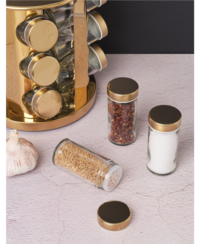 Set 12 recipiente pentru condimente AT Performance, 80 ml, suport rotativ inox, capace inox, auriu
