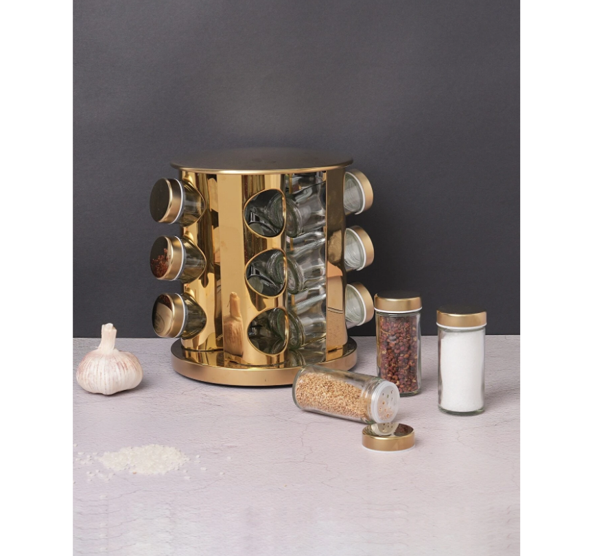Set 12 recipiente pentru condimente AT Performance, 80 ml, suport rotativ inox, capace inox, auriu