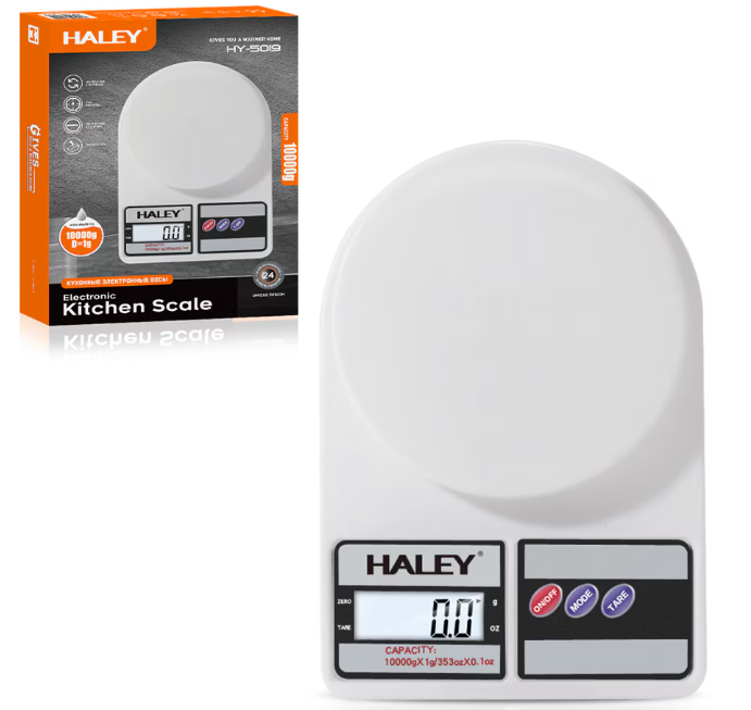 Cântar de bucătărie digital HALEY HY-5019, 10 kg, precizie 0,1 g, afișaj LCD, ABS, alb