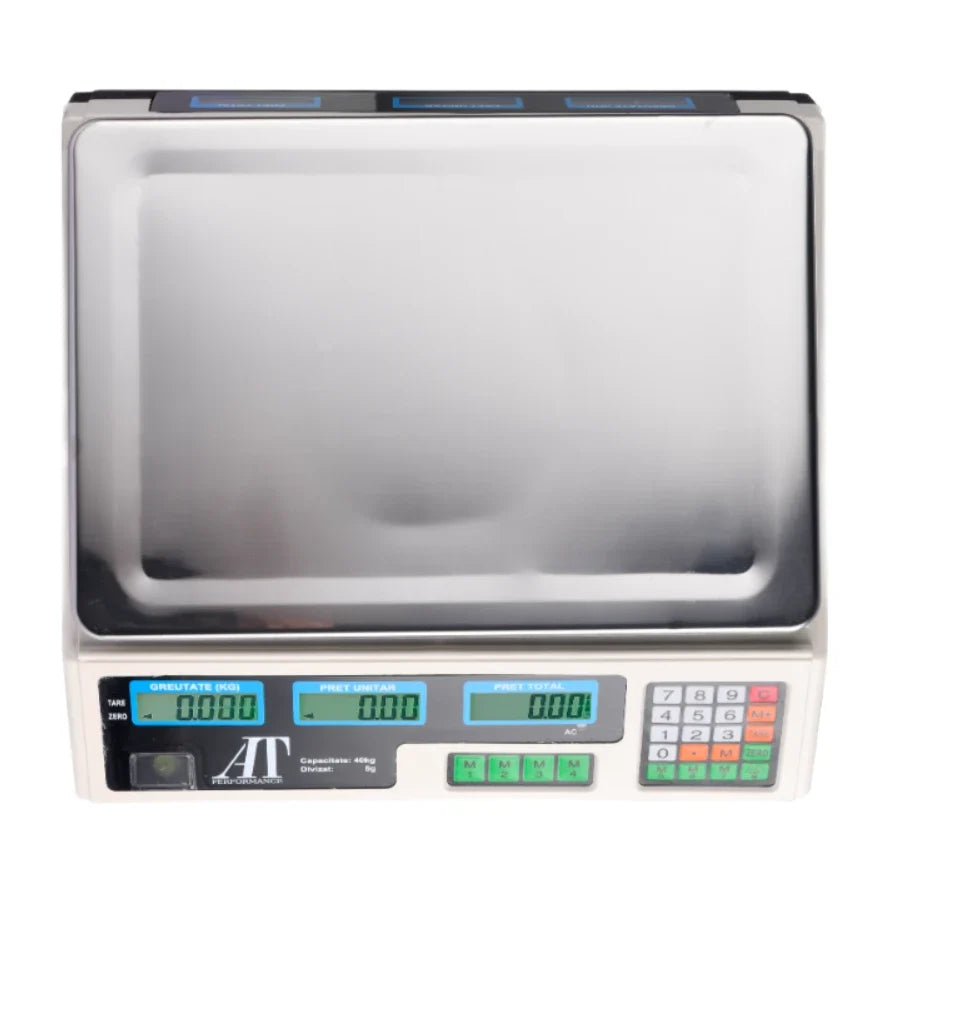 Cântar electronic comercial AT Performance, 40 kg, afișaj LCD dublu, 7 memorii, picioare reglabile