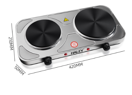 Plită electrică HALEY HY-1893, 2 zone de gătit, 1500 W + 1000 W, oțel inoxidabil, 50x25 cm