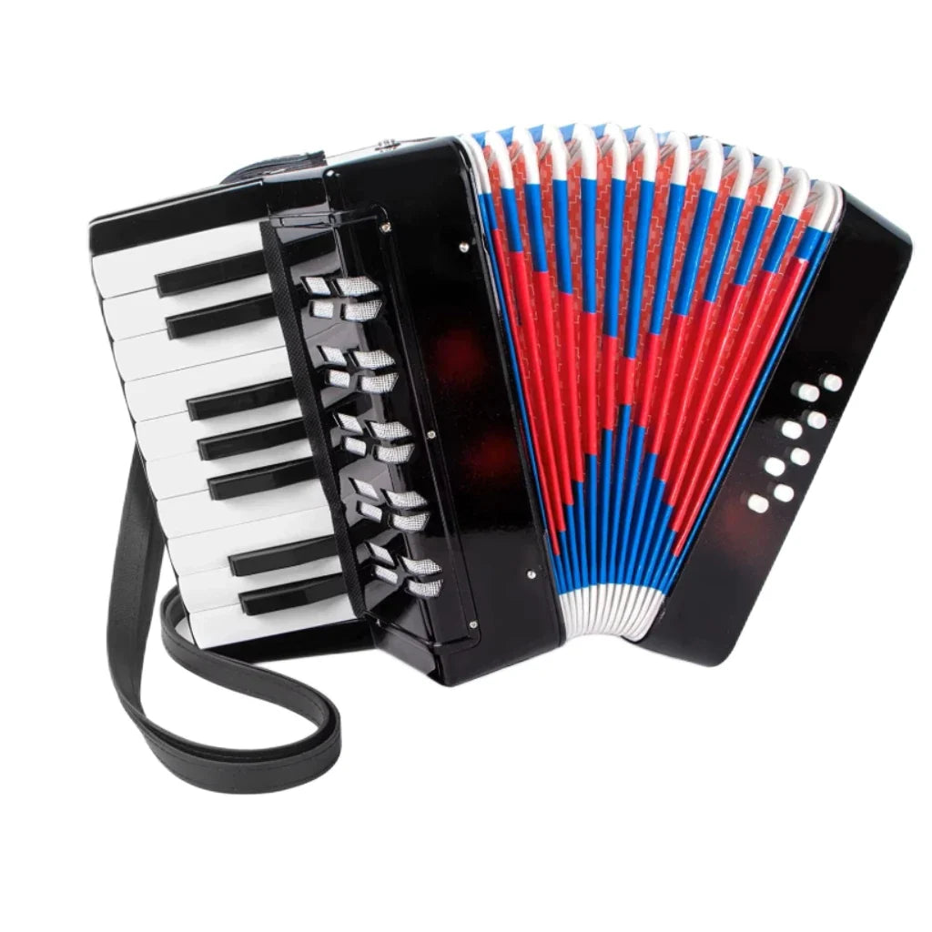 Acordeon de jucărie AT Performance, 17 clape, 8 bași, 23 x 10 x 22 cm, 1.5 kg, albastru sidef