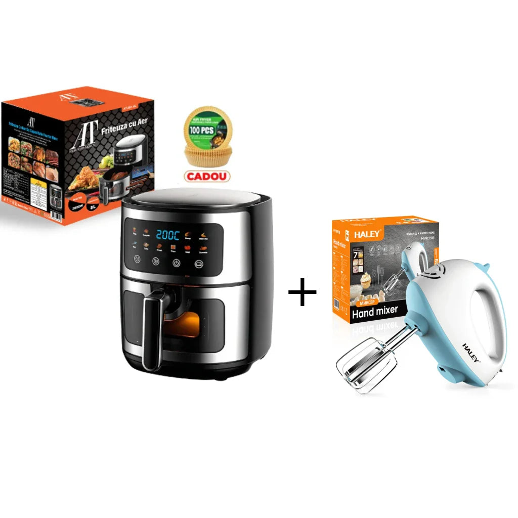 Pachet Friteuză cu Aer Cald AT PERFORMANCE® 8L + Mixer Haley 500W – Set Premium Bucătărie + BONUS 100 Hârtii de Copt