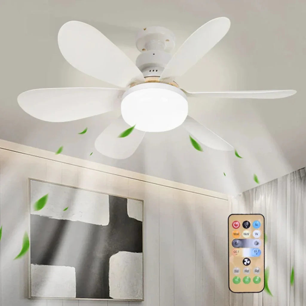 Ventilator de tavan cu LED AT Performance, dulie E27, 6 pale pliabile, 3 viteze, telecomandă, alb