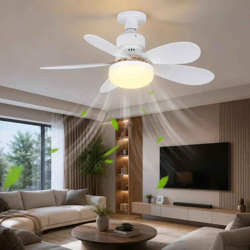 Ventilator de tavan cu LED AT Performance, dulie E27, 6 pale pliabile, 3 viteze, telecomandă, alb