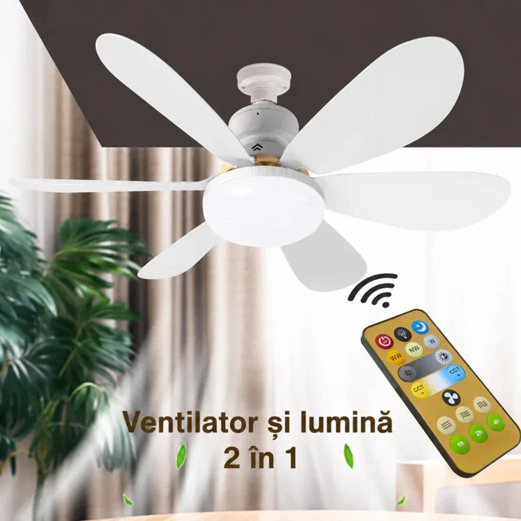 Ventilator de tavan cu LED AT Performance, dulie E27, 6 pale pliabile, 3 viteze, telecomandă, alb