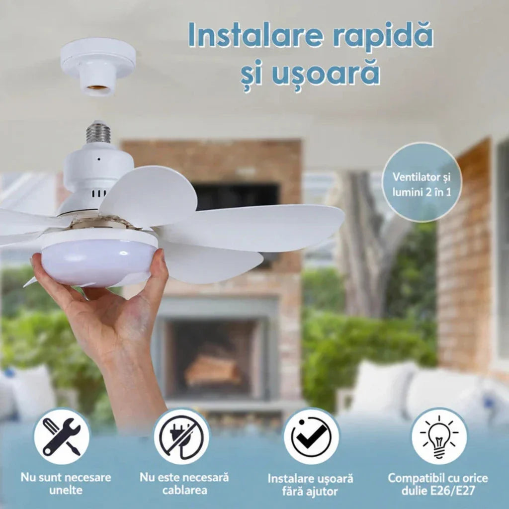 Ventilator de tavan cu LED AT Performance, dulie E27, 6 pale pliabile, 3 viteze, telecomandă, alb